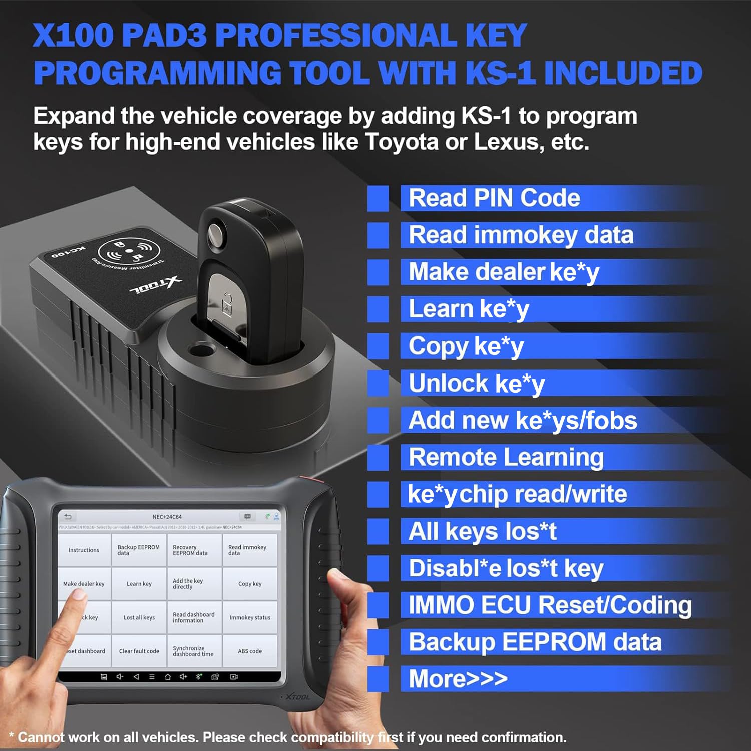 XTOOL X100 PAD3 Key Fob Programming Tool with KS-1 + KC100 Key Programmer + EEPROM Adapter, ECU Coding & PMI, 38+ Services, Bidirectional Control, 2-Year Updates, All Systems Car Diagnostic Scanner