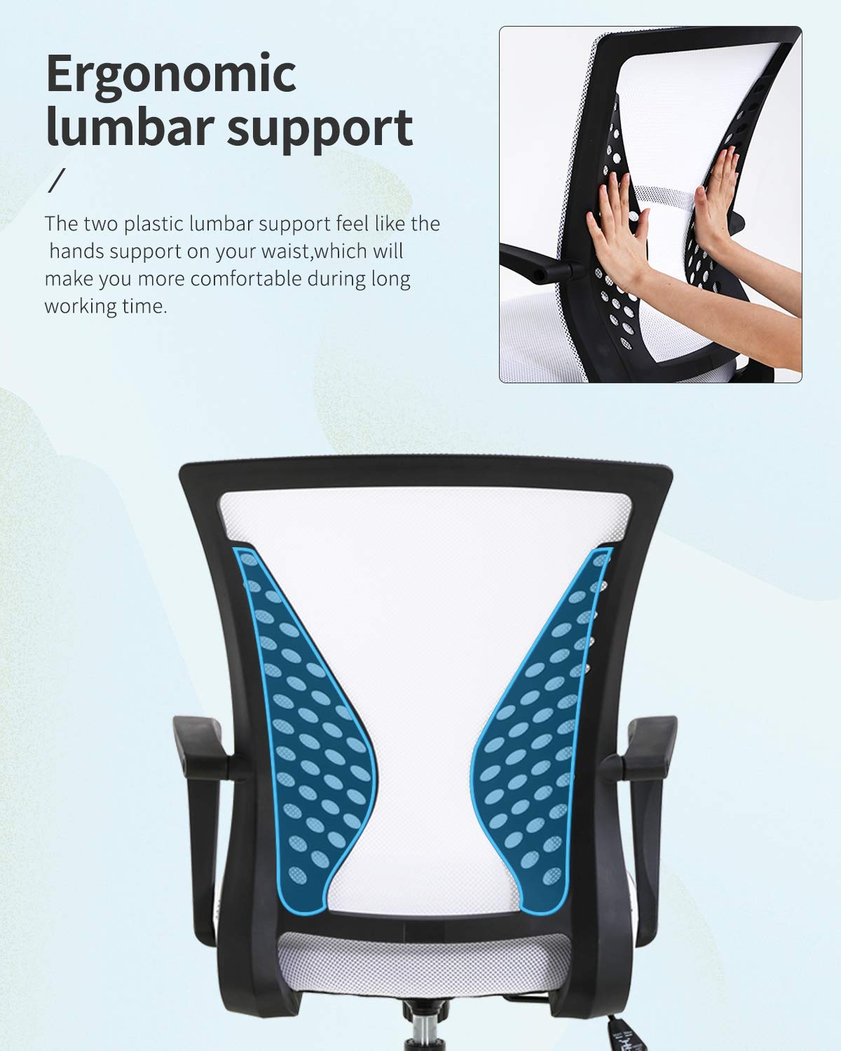 Home Office Chair Mid Back PC Swivel Lumbar Support Adjustable Desk Task Computer Ergonomic Comfortable Mesh Chair with Armrest (White)