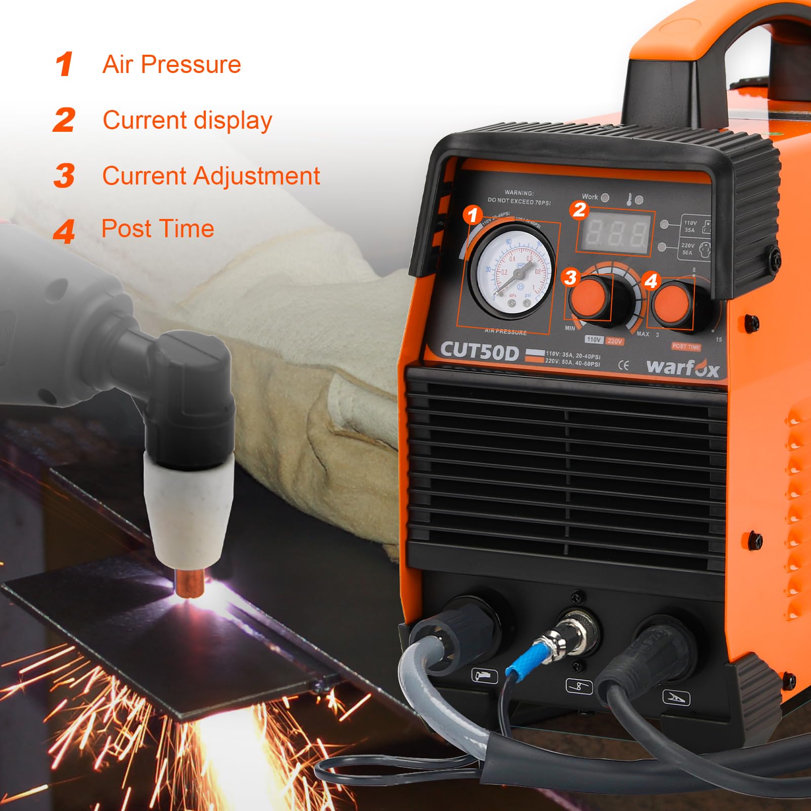 Warfox Plasma Cutter 120/240V Dual Voltage Plasma Cutting Machine, Max Cutting Thickness 14mm, Clean Cutting Thickness 10mm in 65PSI