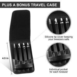 Upmore Tweezers Set, 4 pcs Professional Stainless Steel Tweezers, Eyebrow Tweezer Set with Travel Case for Eyebrows, Facial Hair, Ingrown Hair, Splinter and Blackhead (Black)…