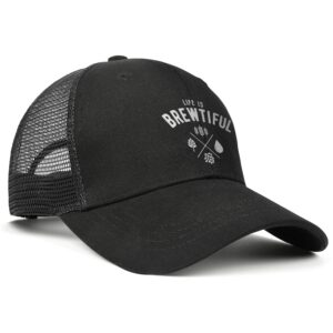 WOWorldgoods Baseball Cap Life is Brewtiful Beer Adjustable Snapback Mesh Trucker Dad Hat Black for Men and Women