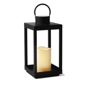 lamplust outdoor lanterns for porch, 14" solar lantern outdoor, black metal (no glass), large lanterns decorative with waterproof led candle, modern farmhouse patio front porch decor