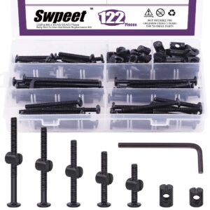 swpeet 120pcs crib hardware screws, black m6 × 35/45/55/65/75mm hex socket head cap crib baby bed bolt and barrel nuts with 1 x allen wrench perfect for furniture, cots, crib screws