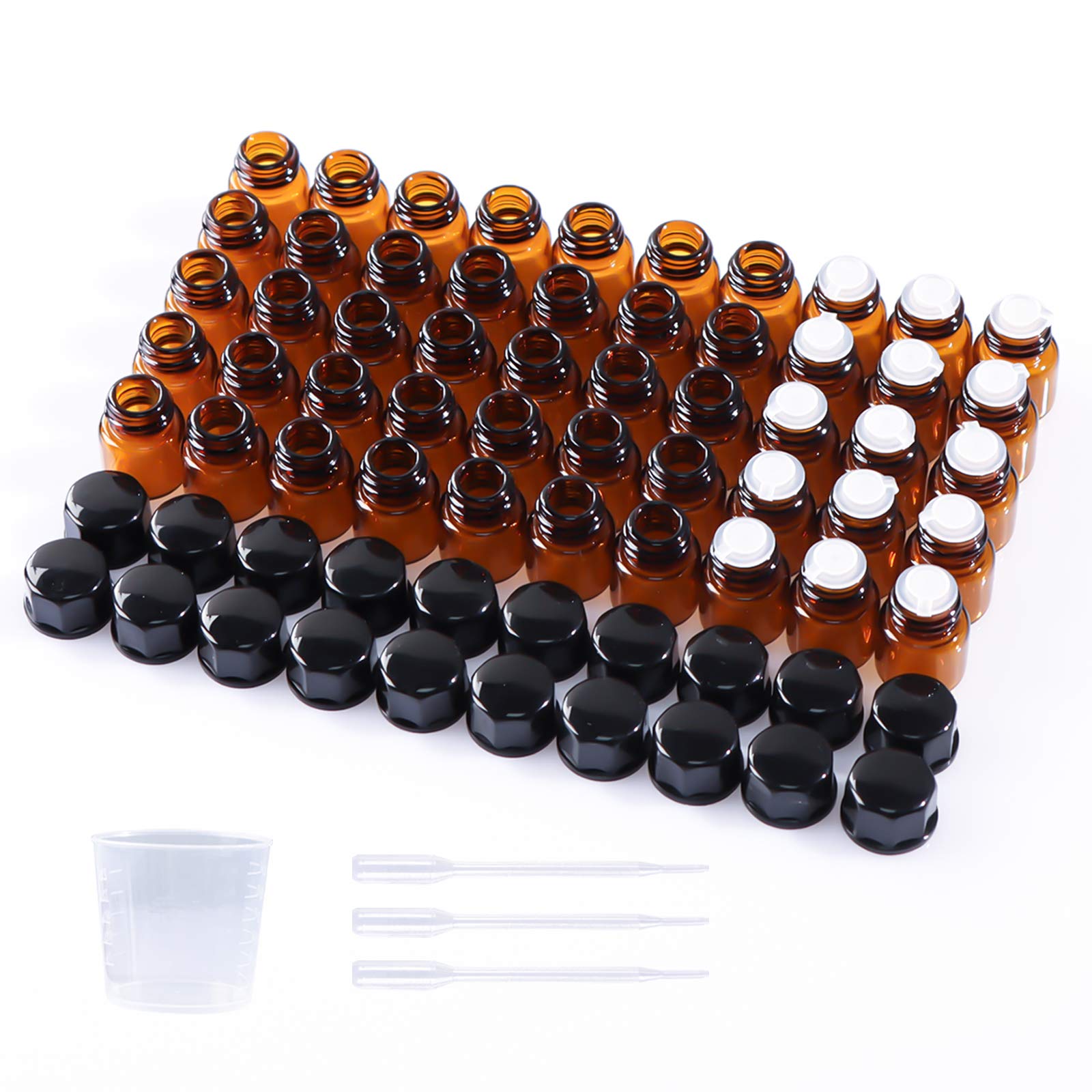 HWASHIN 50 Pack 1ml (1/4 Dram) Amber Mini Glass Essential Oils Sample Bottles with Black Caps for Essential Oils, Perfumes & Lab Chemicals (30ml Measuring Cup and 3 Droppers Included)