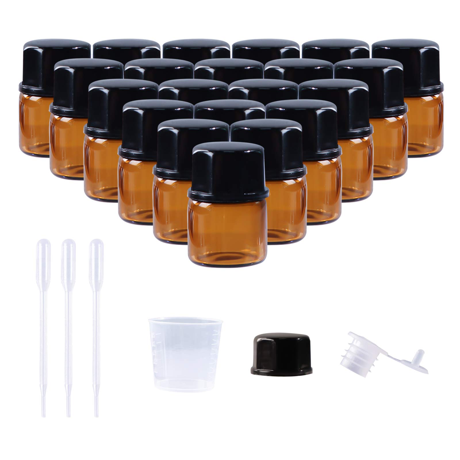 HWASHIN 50 Pack 1ml (1/4 Dram) Amber Mini Glass Essential Oils Sample Bottles with Black Caps for Essential Oils, Perfumes & Lab Chemicals (30ml Measuring Cup and 3 Droppers Included)