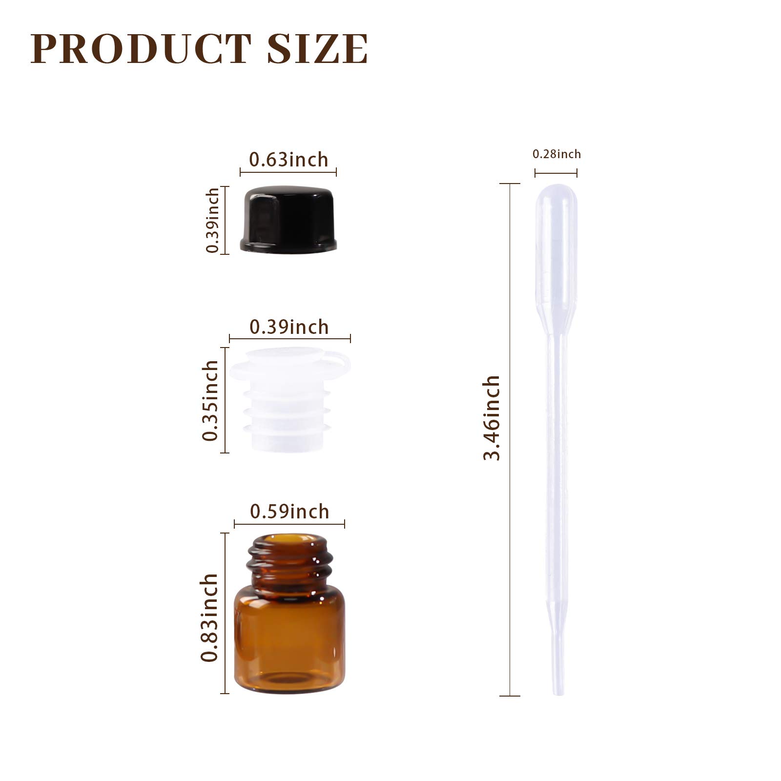 HWASHIN 50 Pack 1ml (1/4 Dram) Amber Mini Glass Essential Oils Sample Bottles with Black Caps for Essential Oils, Perfumes & Lab Chemicals (30ml Measuring Cup and 3 Droppers Included)