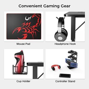 It's_Organized Gaming Desk 47 inch K-Frame Design Computer Desk, Home Office Desk Table Professional Gamer Workstation with Cup Holder Headphone Hook Controller Stand Free Mousepad, Black