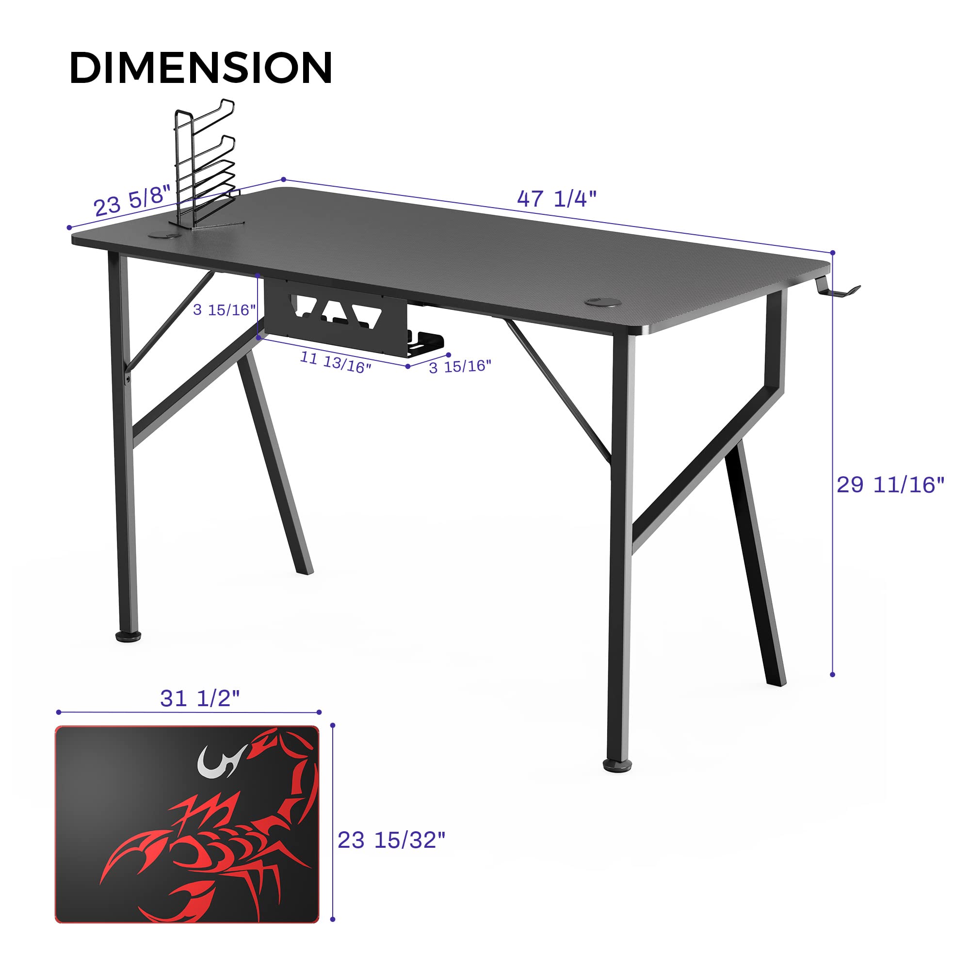 It's_Organized Gaming Desk 47 inch K-Frame Design Computer Desk, Home Office Desk Table Professional Gamer Workstation with Cup Holder Headphone Hook Controller Stand Free Mousepad, Black