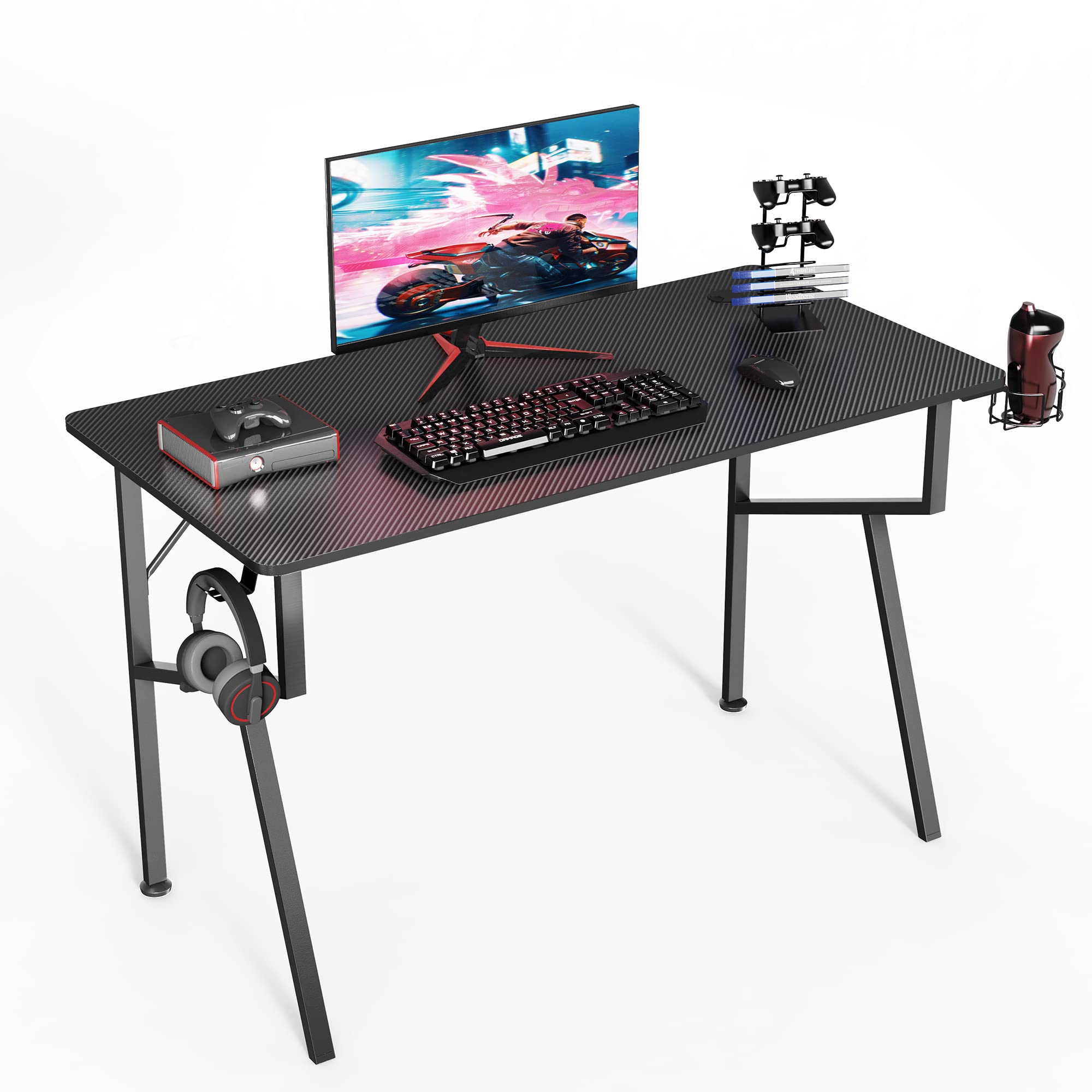 It's_Organized Gaming Desk 47 inch K-Frame Design Computer Desk, Home Office Desk Table Professional Gamer Workstation with Cup Holder Headphone Hook Controller Stand Free Mousepad, Black