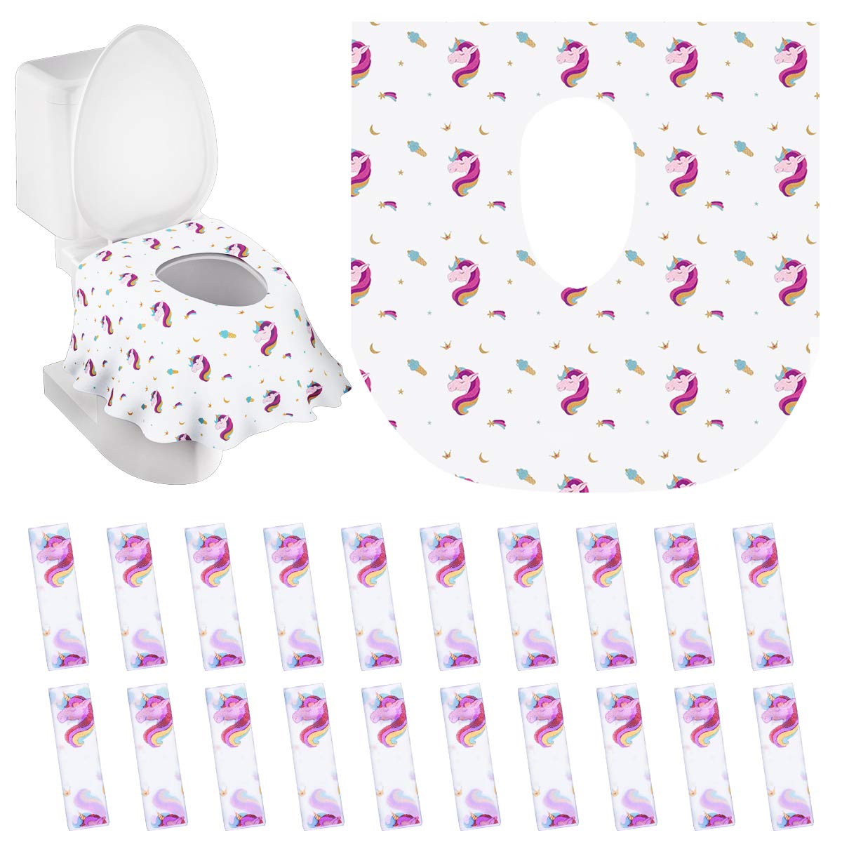 PaperKiddo 20 Pack Disposable Toilet Seat Covers Unicorn Design Waterproof Potty Training Seat Cover Set Extra Large Perfect for Kids and Adults Individually Wrapped for Travel and Home