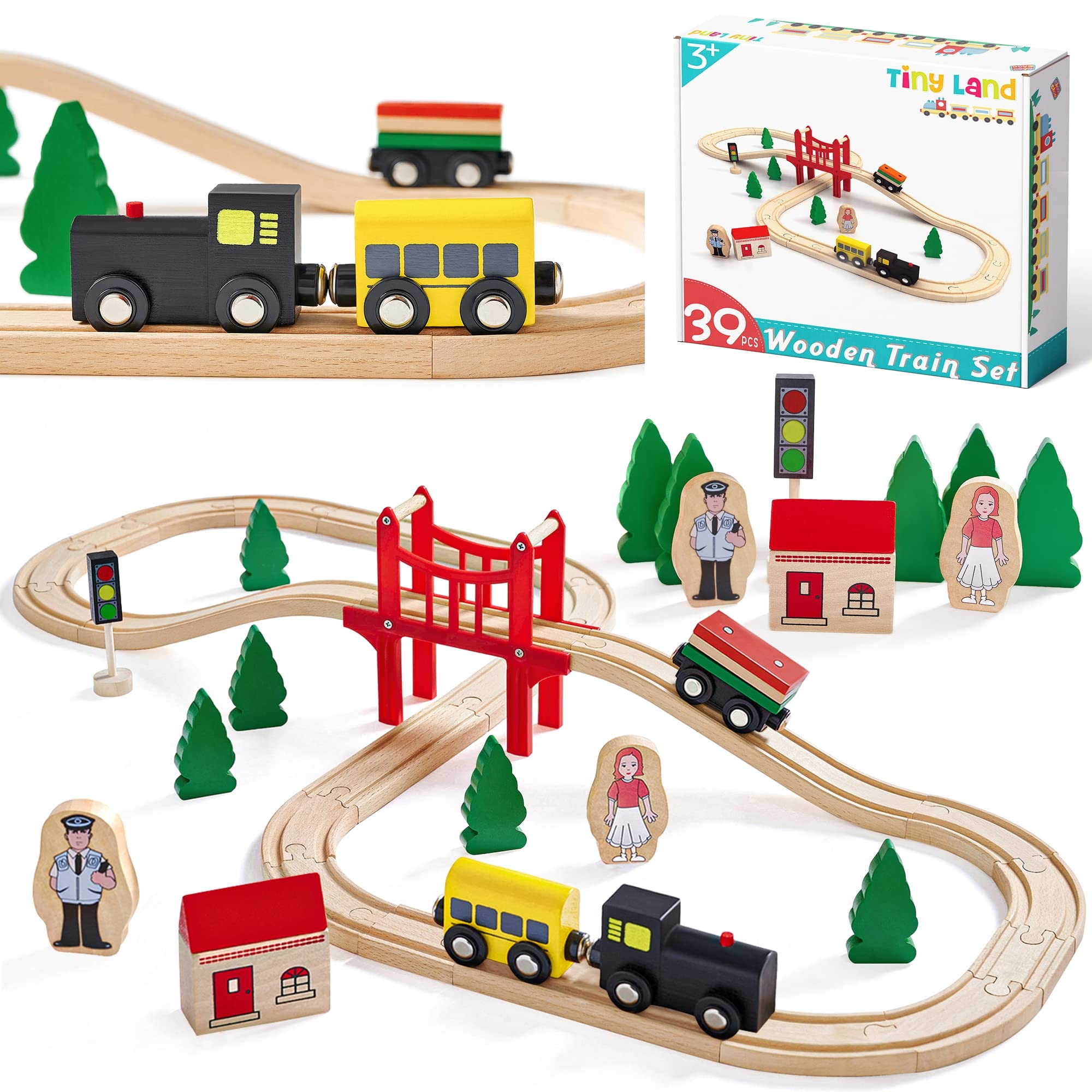 Tiny Land 74 Pcs Wooden Train Set with Battery Operated Train & Wooden Tracks -fits Thomas, fits Brio, fits Chuggington, fits Melissa and Other Major Brands for Kids Toys for 3+ Years