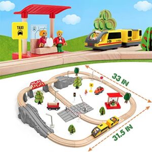 Tiny Land 74 Pcs Wooden Train Set with Battery Operated Train & Wooden Tracks -fits Thomas, fits Brio, fits Chuggington, fits Melissa and Other Major Brands for Kids Toys for 3+ Years