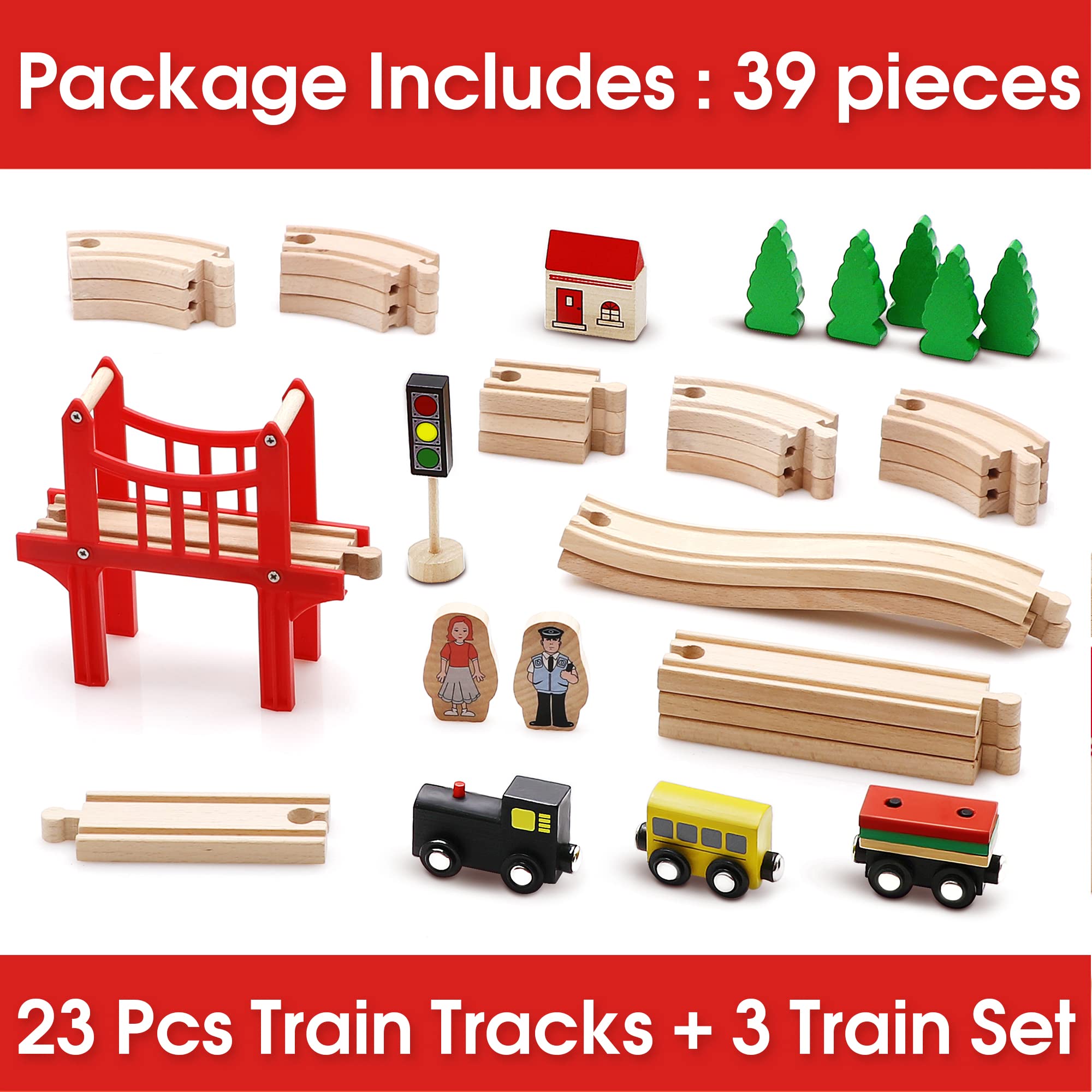 Tiny Land 74 Pcs Wooden Train Set with Battery Operated Train & Wooden Tracks -fits Thomas, fits Brio, fits Chuggington, fits Melissa and Other Major Brands for Kids Toys for 3+ Years