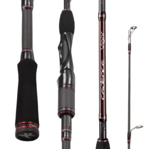 cadence vigor spinning rod, 30-ton carbon blank, fuji reel seat, durable stainless-steel guides, 2-piece rod with convenience & performance, multiple actions available