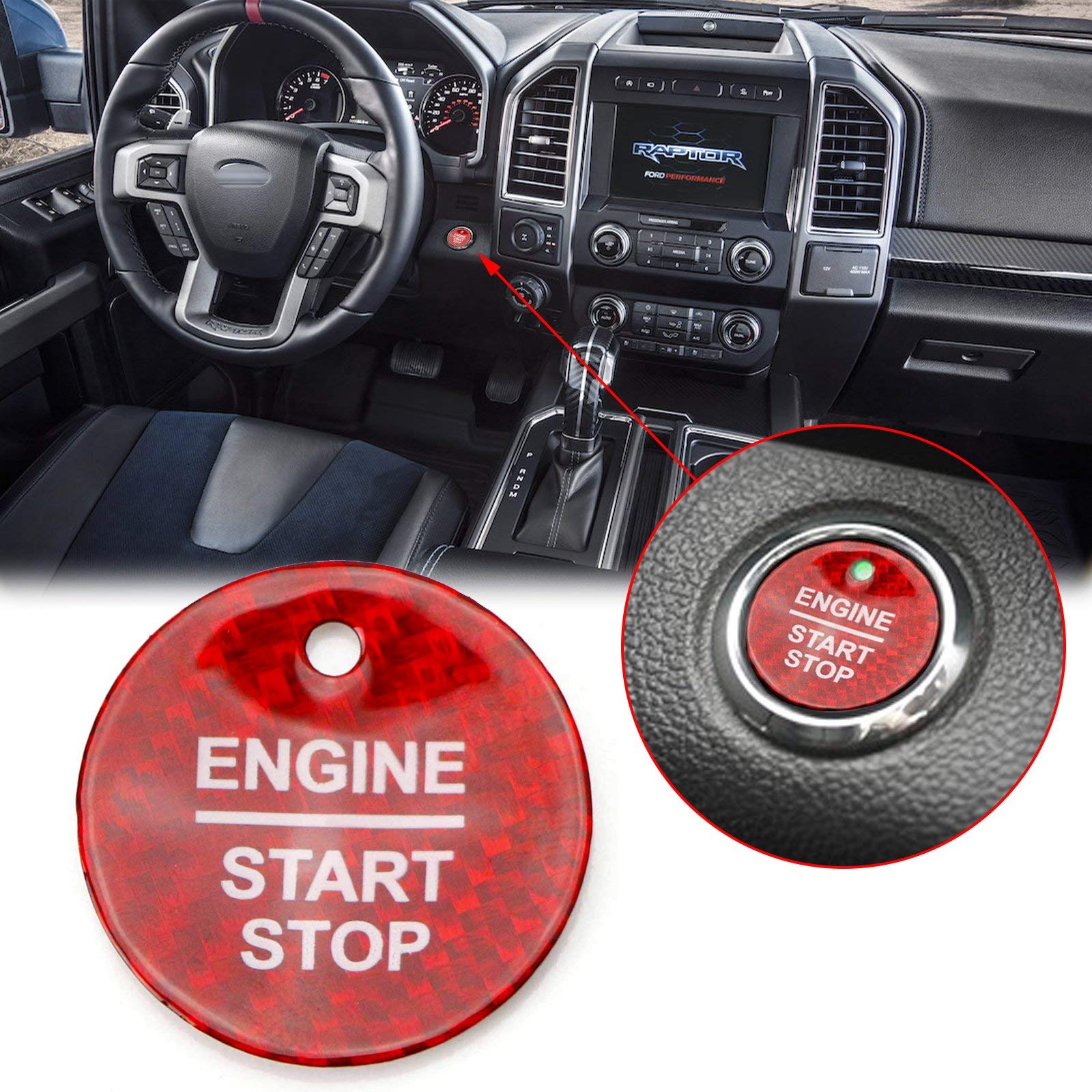 Xotic Tech Red Real Carbon Fiber Keyless Engine Start/Stop Push Button Cover Trim w/Indicator Light Opening Compatible with Ford F-150 Fusion Explorer Focus Edge Taurus Expedition Raptor 1.18"