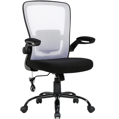 Home Office Chair Ergonomic Desk Chair Massage Computer Chair Swivel Rolling Executive Task Chair with Lumbar Support Flip-up Arms Mid Back Height Adjustable Mesh Chair for Adults(White)