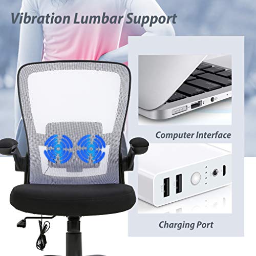 Home Office Chair Ergonomic Desk Chair Massage Computer Chair Swivel Rolling Executive Task Chair with Lumbar Support Flip-up Arms Mid Back Height Adjustable Mesh Chair for Adults(White)