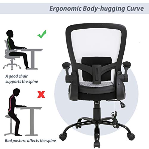 Home Office Chair Ergonomic Desk Chair Massage Computer Chair Swivel Rolling Executive Task Chair with Lumbar Support Flip-up Arms Mid Back Height Adjustable Mesh Chair for Adults(White)