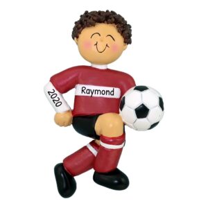 personalized soccer player ornament, soccer ball ornament 2024, soccer christmas ornaments 2024, soccer ornaments for christmas tree -brunette male red uniform - free customization