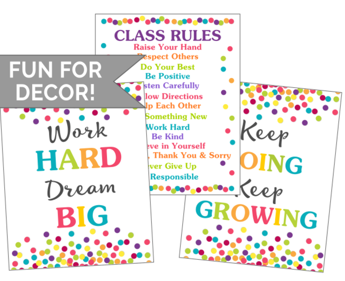 Three 16 x 20 inch Confetti School Posters - Class Rules and Motivational