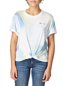 champion women's tie-front print tee, multi wash cloud deep forte blue, x- small