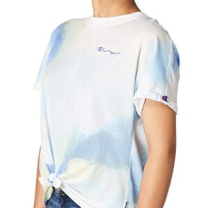 Champion Women's Tie-Front Print Tee, Multi Wash Cloud Deep Forte Blue, X- Small