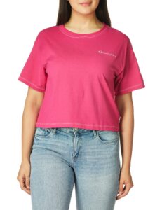 champion women's cropped tee contrast stich, fantastic fuchsia, small