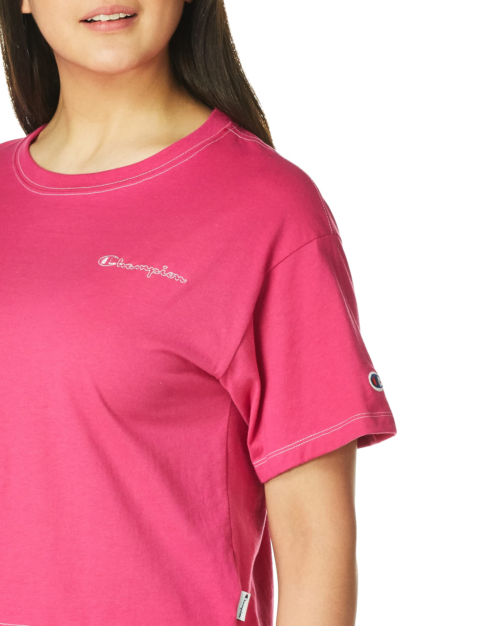 Champion Women's Cropped Tee Contrast Stich, Fantastic Fuchsia, Small