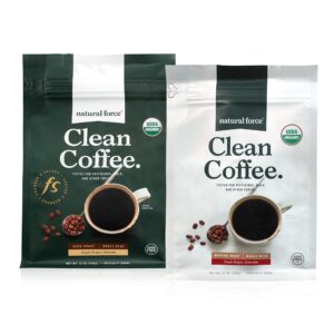 natural force clean coffee dark + medium roast bundle - organic, mold free, whole bean coffees tested for toxins and powered by purity – great taste + aroma - 2x 12 ounce bags
