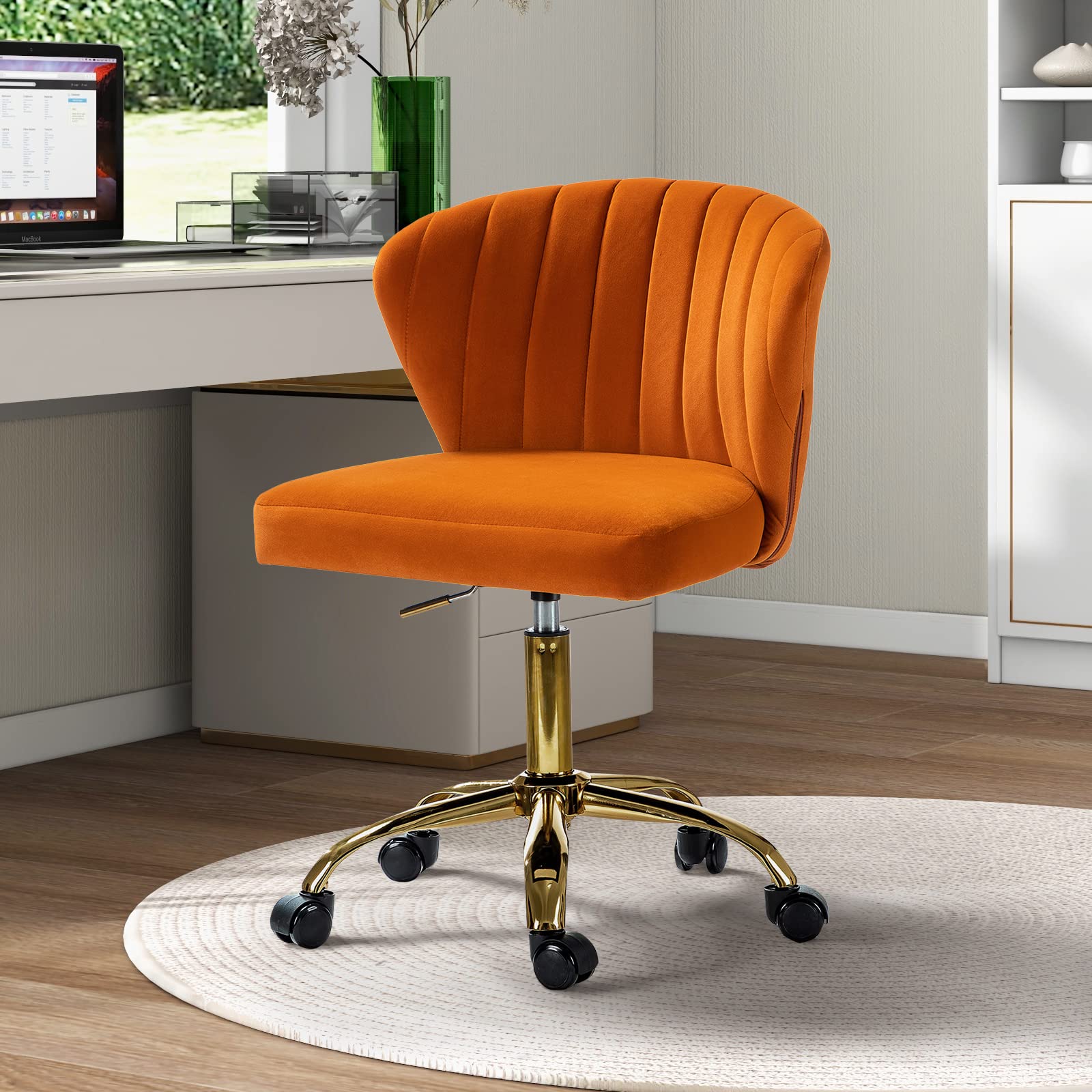 TINA'S HOME Office Desk Chairs with Wheels & Gold Base, Modern Velvet Cute Armless Office Chair, Adjustable Low Back Swivel Rolling Chair, Upholstered Task Chair for Living Room Vanity Study-Orange