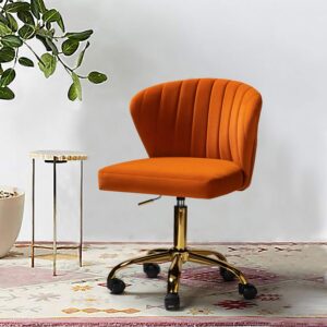 TINA'S HOME Office Desk Chairs with Wheels & Gold Base, Modern Velvet Cute Armless Office Chair, Adjustable Low Back Swivel Rolling Chair, Upholstered Task Chair for Living Room Vanity Study-Orange