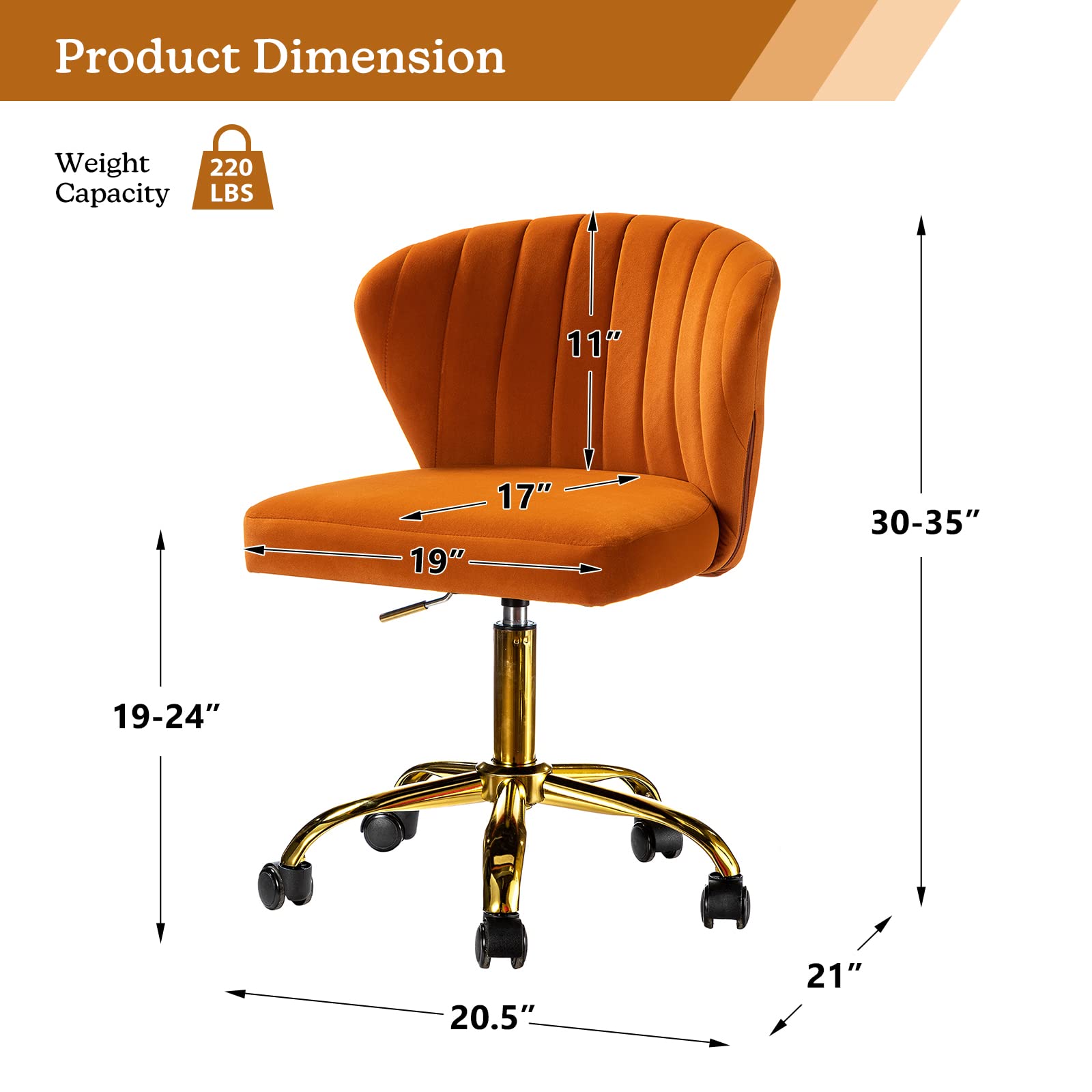 TINA'S HOME Office Desk Chairs with Wheels & Gold Base, Modern Velvet Cute Armless Office Chair, Adjustable Low Back Swivel Rolling Chair, Upholstered Task Chair for Living Room Vanity Study-Orange