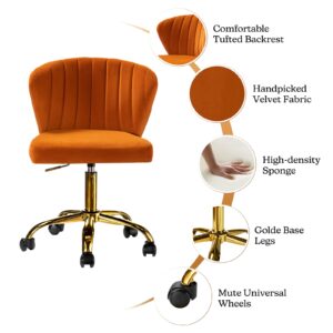 TINA'S HOME Office Desk Chairs with Wheels & Gold Base, Modern Velvet Cute Armless Office Chair, Adjustable Low Back Swivel Rolling Chair, Upholstered Task Chair for Living Room Vanity Study-Orange