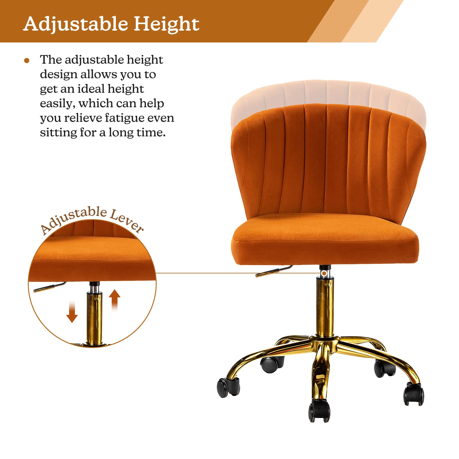 TINA'S HOME Office Desk Chairs with Wheels & Gold Base, Modern Velvet Cute Armless Office Chair, Adjustable Low Back Swivel Rolling Chair, Upholstered Task Chair for Living Room Vanity Study-Orange