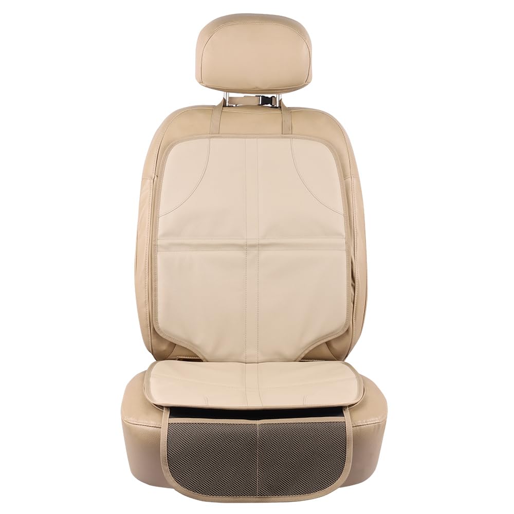 Viaviat Leather Car Seat Protector for Booster Durable Waterproof Protector Mat Large Auto Seat Cover with Storage Pocket for Child Toddler Safety Seat Baby Basket (Beige)