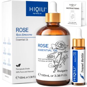 HIQILI Rose Essential Oil 3.38 Fl Oz, 100% Pure Natural for Aromatherapy, Diffuser, Skin Care, Massage, Includes Premium Quality Glass Dropper