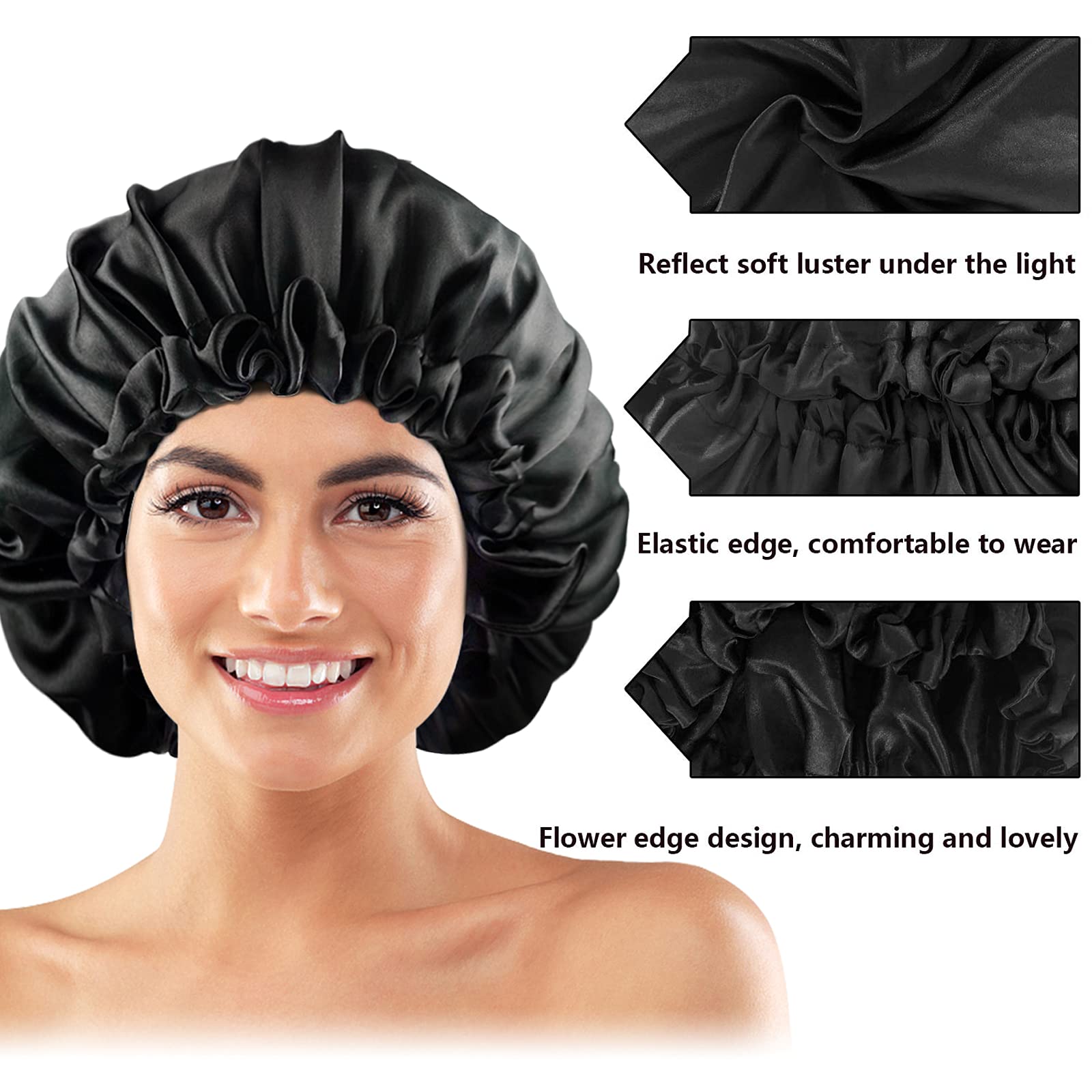 Satin Bonnets, Adjustable Satin Bonnets for Women, Double Layer Large Sleeping Silk Bonnet, Soft Sleep Bonnet for Women Girls Curly Natural Hair Night Sleep Cap(Black)