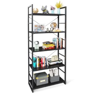odk 5 tier bookshelf, industrial open bookcase storage organizer, modern tall book shelf for bedroom, living room and home office, black