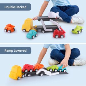 iPlay, iLearn Toddler Car Toys for 2-3 Year Old, Transport Carrier Trucks W/ 5 Small Vehicles, Kids Push Go Trailer Truck, Christmas Stocking Stuffers Birthday Gifts for 18 Months Boys Girls Children