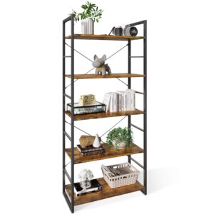 odk 5 tier bookshelf, industrial open bookcase storage organizer, modern tall book shelf for bedroom, living room and home office, rustic brown