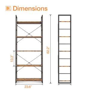 ODK 5 Tier Bookshelf, Industrial Open Bookcase Storage Organizer, Modern Tall Book Shelf for Bedroom, Living Room and Home Office, Rustic Brown