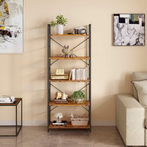 ODK 5 Tier Bookshelf, Industrial Open Bookcase Storage Organizer, Modern Tall Book Shelf for Bedroom, Living Room and Home Office, Rustic Brown