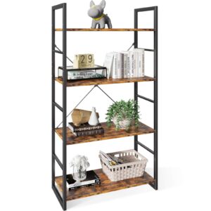 odk bookshelf, 4 tier shelf storage organizer, modern book shelf with metal frame for bedroom, living room and home office, rustic brown