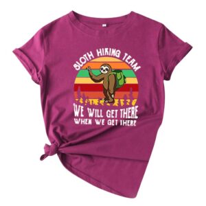 womens funny graphic tees shirts, sloth hiking team printed short-sleeve tees summer junior tee shirts tops wine