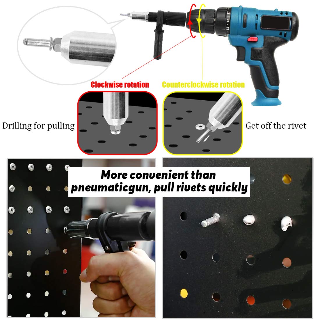 Swpeet 211Pcs Black Alloy Steel Electric Rivet Gun Adapter Kit, Including 2.4/3.2/4.0/4.8mm Diameter Rivet Head and Handle Wrench with 500Pcs Aluminum Blind Rivet Kit