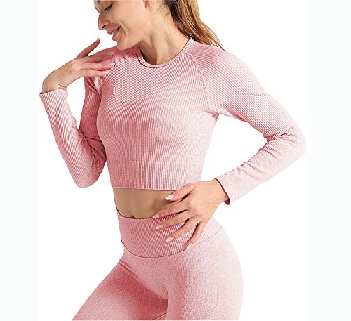 MAYROUND Women 2 Pieces Yoga Workout Outfit Ribbed Seamless Leggings and Long Sleeve Crop Top Set Exercise Clothes