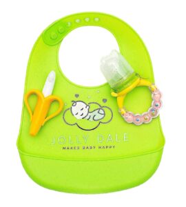 jolly dale baby teething & feeding set with silicone baby bucket bib, baby banana teether & baby mesh food feeder pacifier - soft, food-grade silicone - perfect teether kit for babies & toddlers
