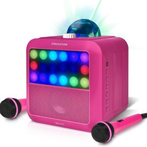 Singsation Star Burst Portable Karaoke Machine, Bluetooth, Room-Filling Light Show with 10 Light Functions, 6 Amazing Sound Effects, 2 Microphones Included for Duets, Pink