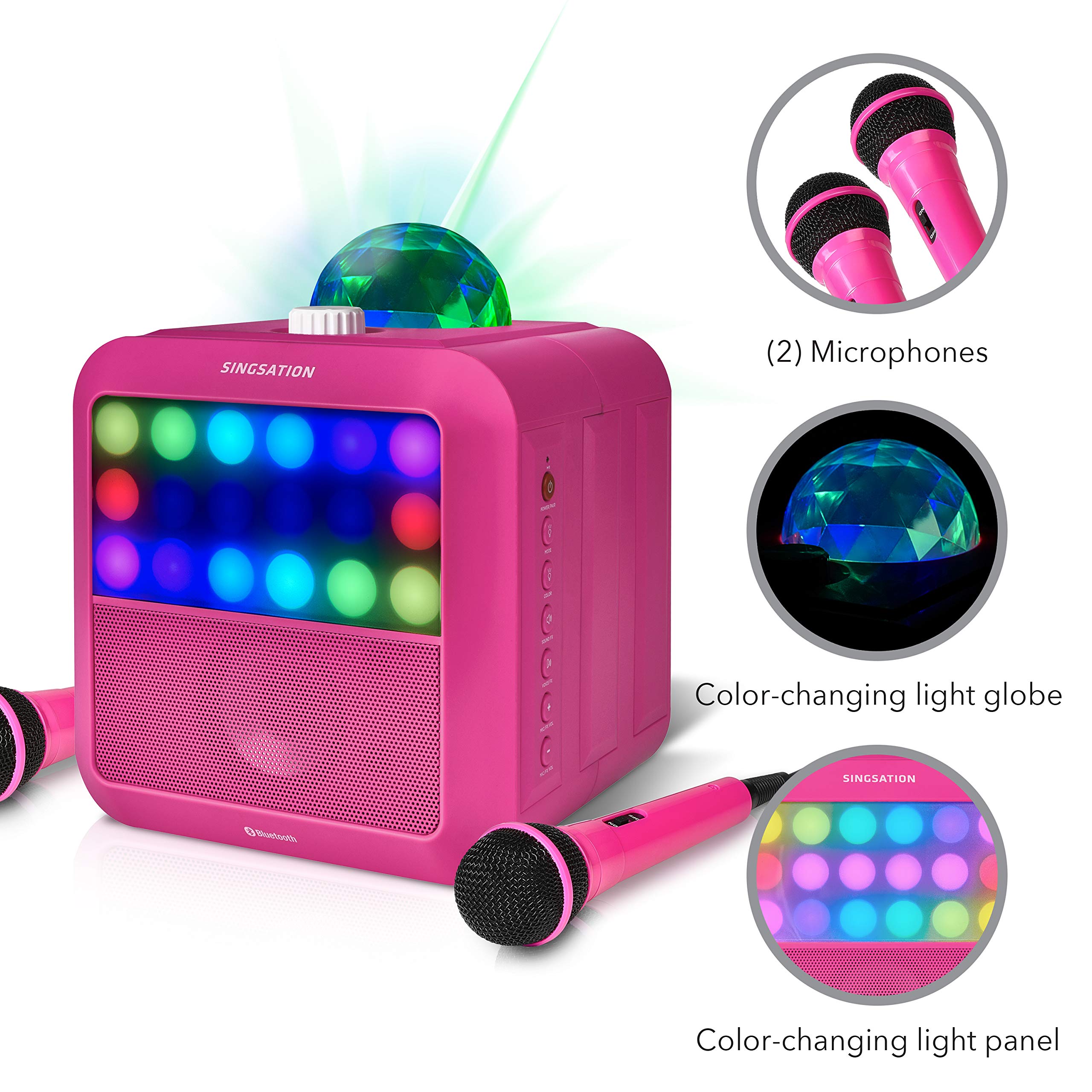 Singsation Star Burst Portable Karaoke Machine, Bluetooth, Room-Filling Light Show with 10 Light Functions, 6 Amazing Sound Effects, 2 Microphones Included for Duets, Pink