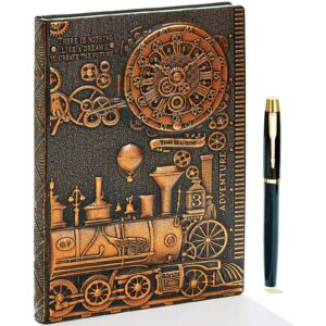 vintage train embossed leather writing journal notebook with pen set,antique handmade daily notepad sketchbook,travel diary notebooks to write in,gift for men women (a5(8.4"*5.7"), redbronze)